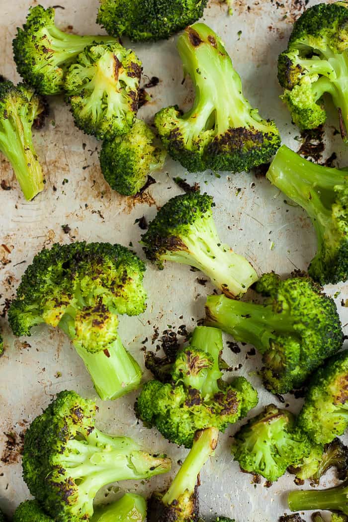 roasted broccoli on a sheet pan.