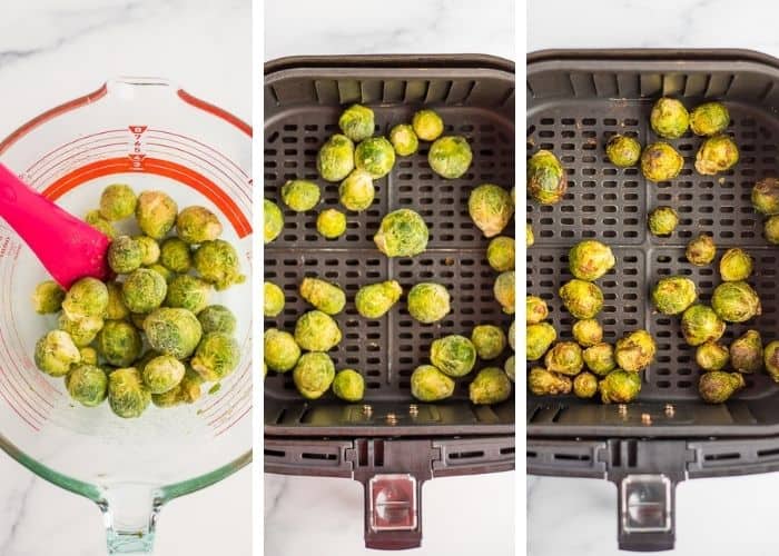 3 photos showing how to make frozen brussel sprouts in an air fryer