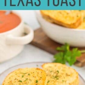 texas toast made in an air fryer on a plate with tomato soup