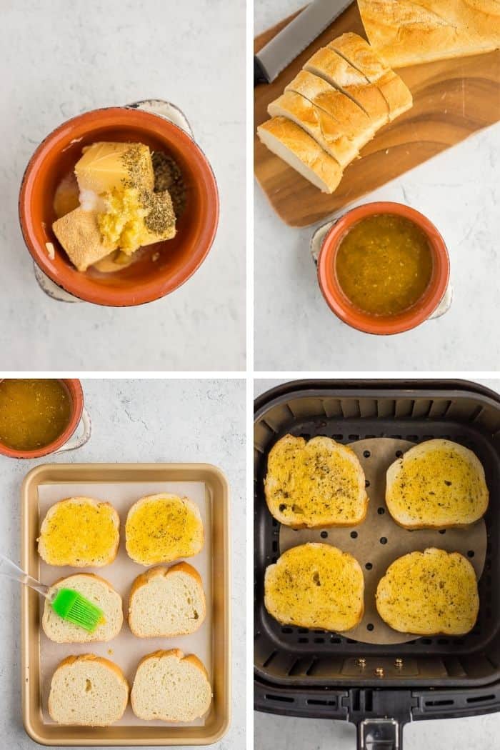 4 photos showing how to make and cook cheesy garlic bread in an air fryer