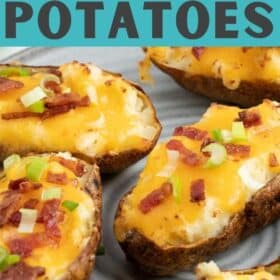 a plate of air fryer twice baked potatoes topped with cheese, chopped bacon, and green onions