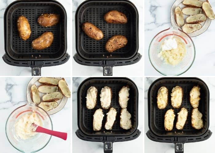 6 photos showing how to make twice baked potatoes in an air fryer
