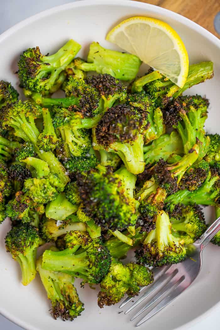 roasted frozen broccoli in a bowl