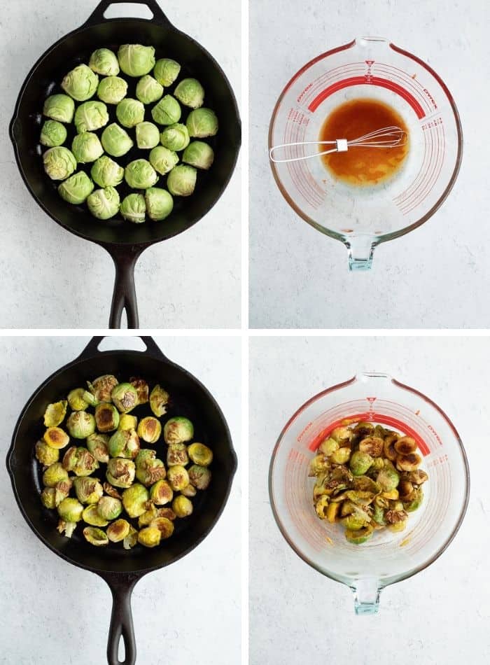 4 photos showing how to roast brussel sprouts in cast iron