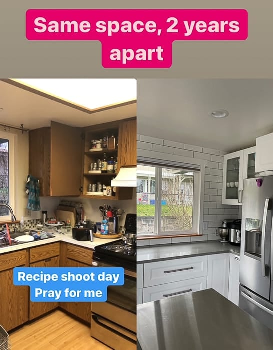 2 photos of a kitchen with the note "same space, 2 years apart"