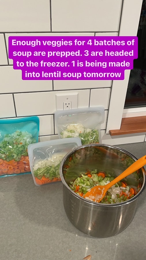 lots of chopped veggies in silicone bags