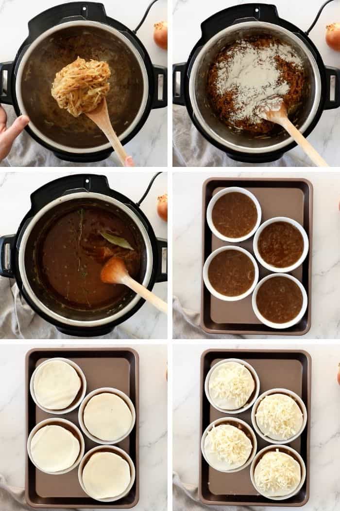 6 photos showing how to make french onion soup in an Instant Pot