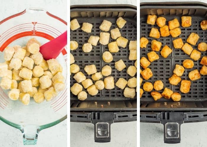 3 photos showing how to make trader joe's gnocchi in an air fryer