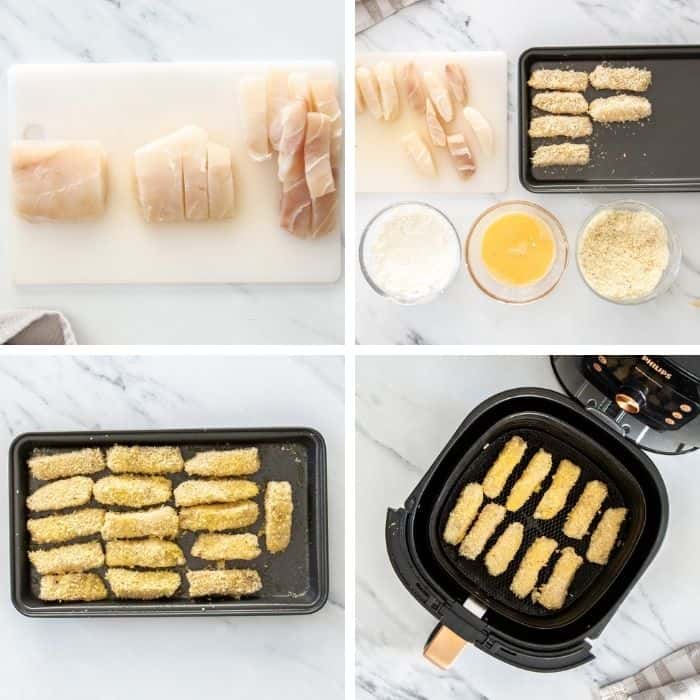 4 photos showing how to make crispy fish in an air fryer