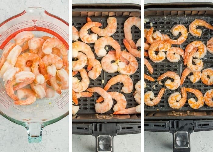 3 photos showing how to make frozen shrimp in the air fryer