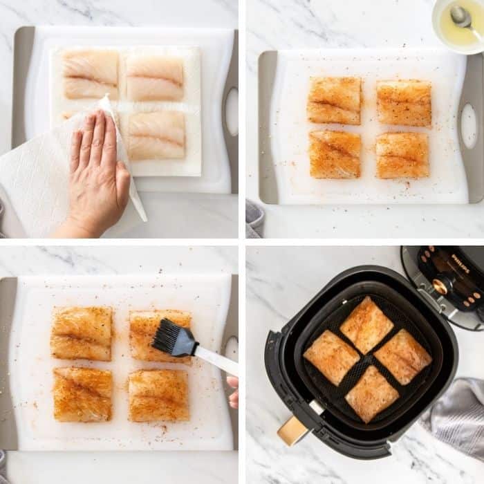 4 photos showing step by step how to cook mahi mahi in an air fryer.