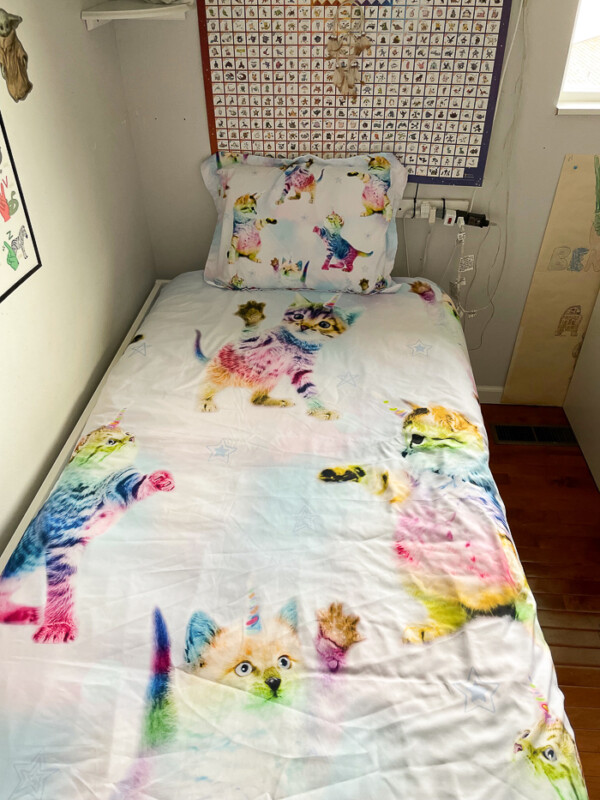 a twin bed with a cat comforter