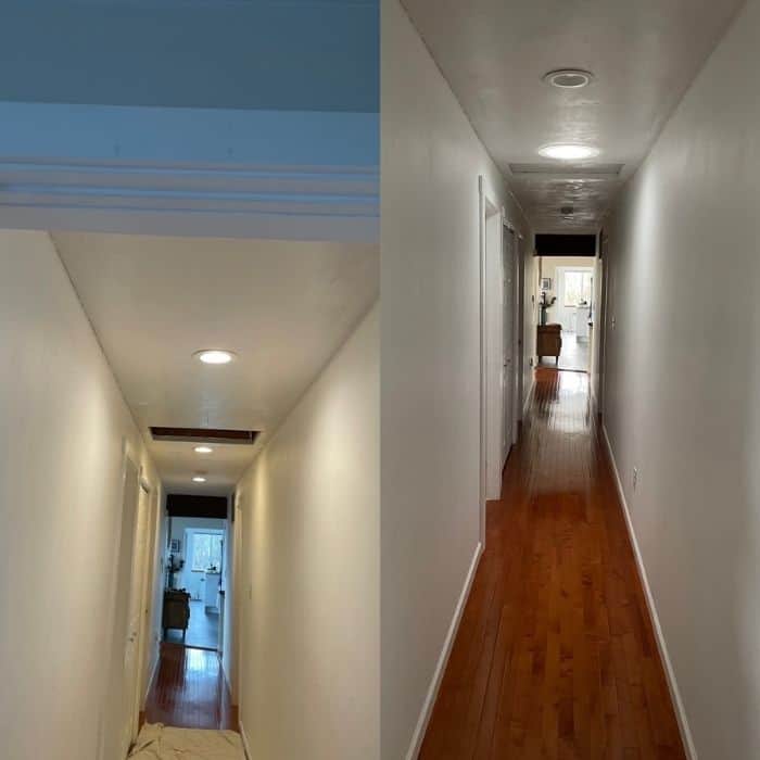 2 photos of a hallway