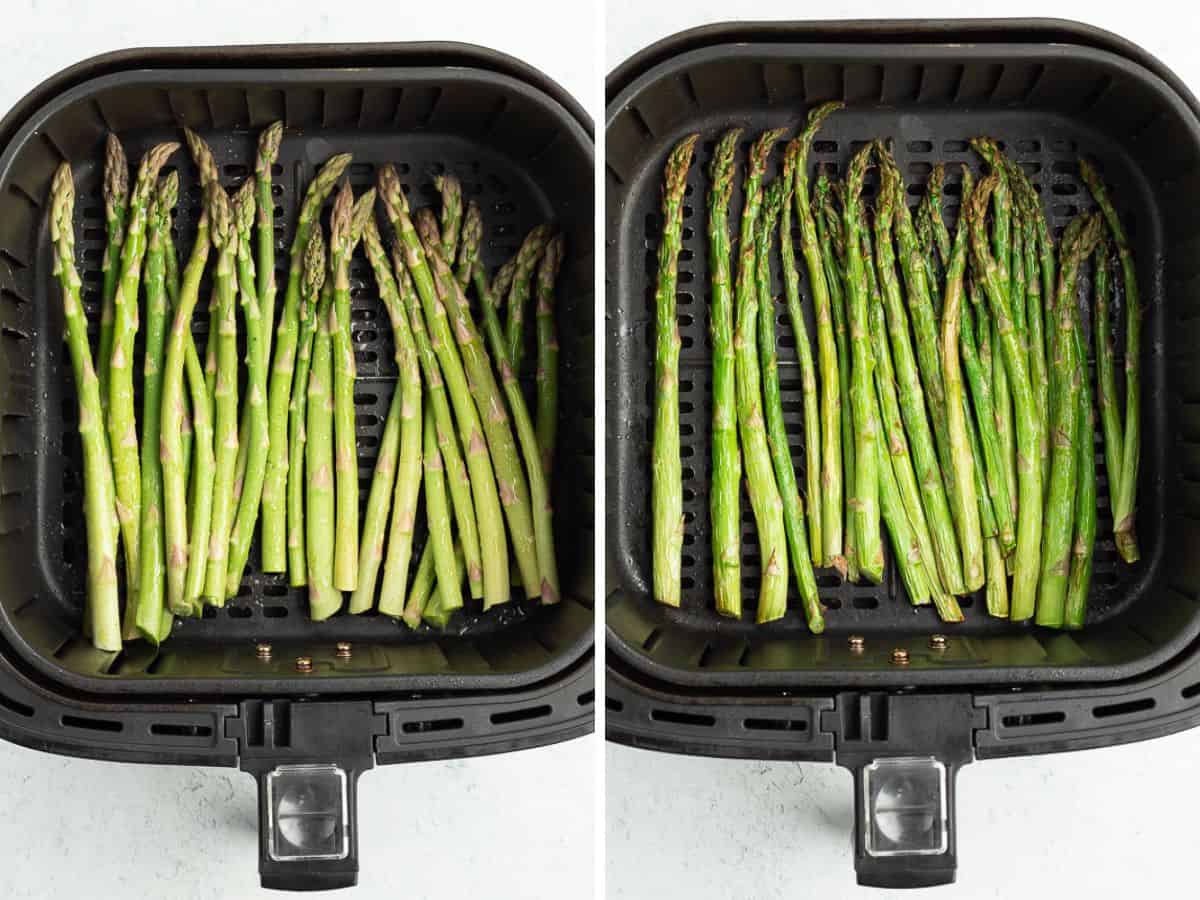 2 photos showing the process of roasting asparagus in an air fryer.