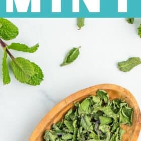 a small wooden bowl full of dried mint.