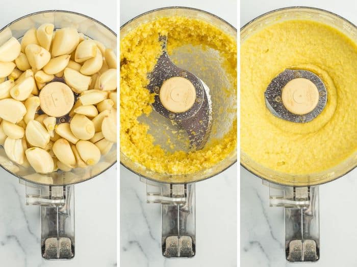 3 photos of a food processor showing how to process garlic into puree.