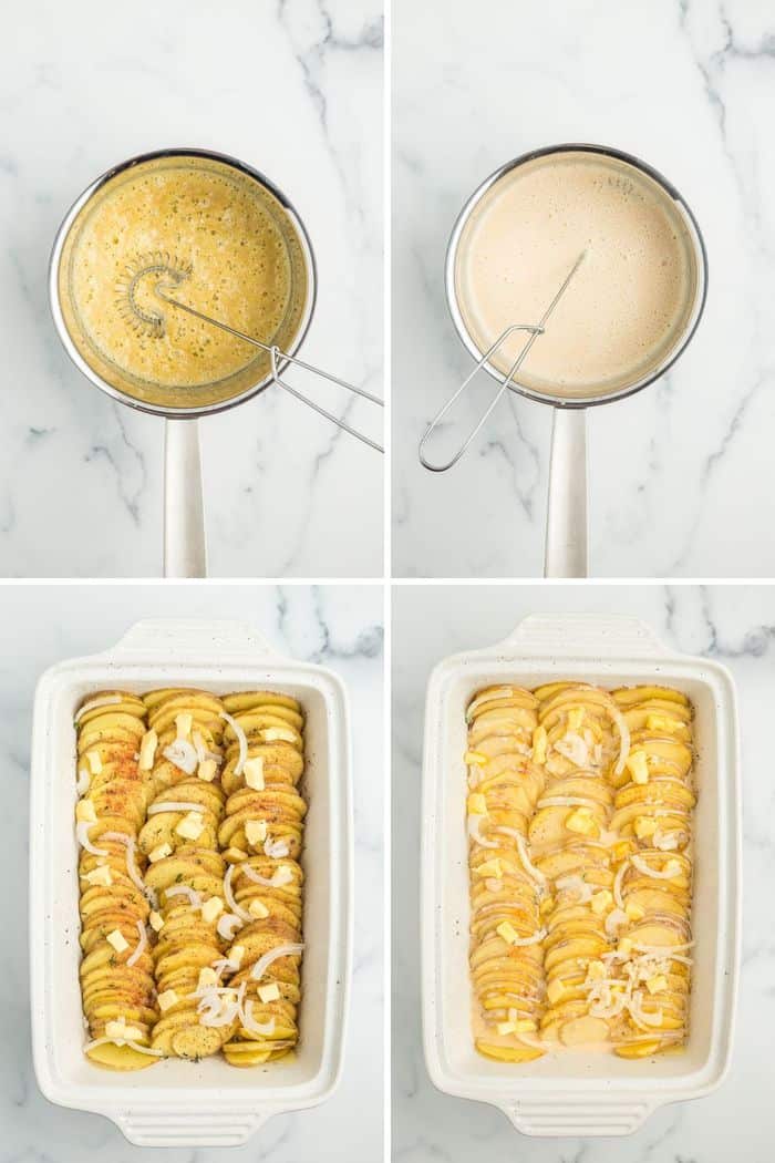 4 photos showing step by step how to make layered potatoes