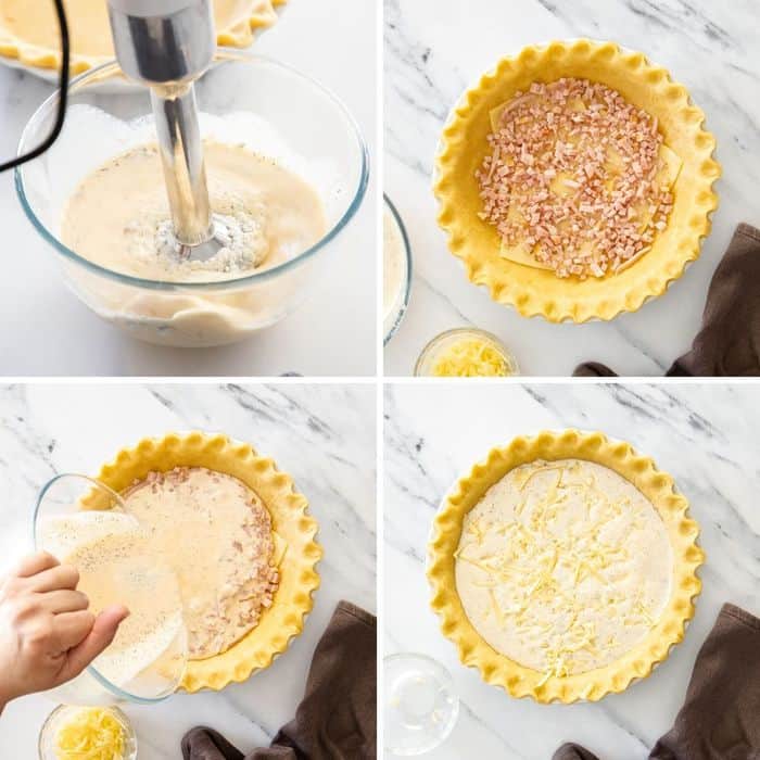 4 photos showing step by step how to make quiche