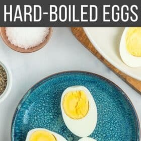 a blue plate with 3 hard-boiled egg halves.