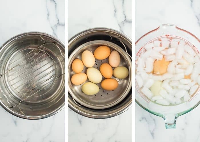 3 photos showing how to cook eggs in an electric pressure cooker