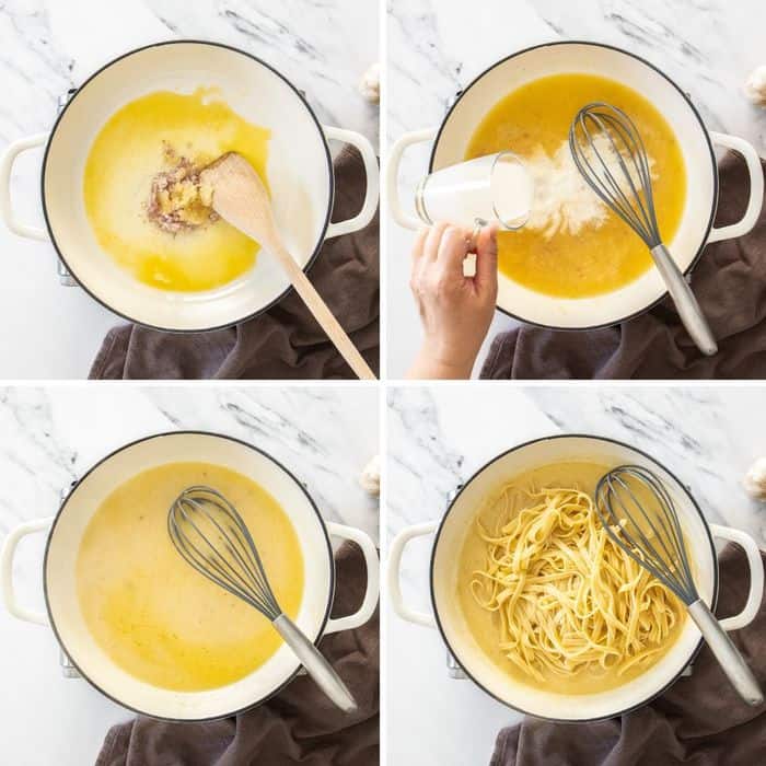 4 photos showing the process of making lemon garlic fettuccine