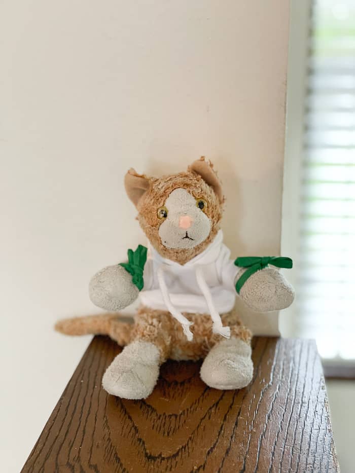a stuffed kitty with a white hoodie and green ribbons.