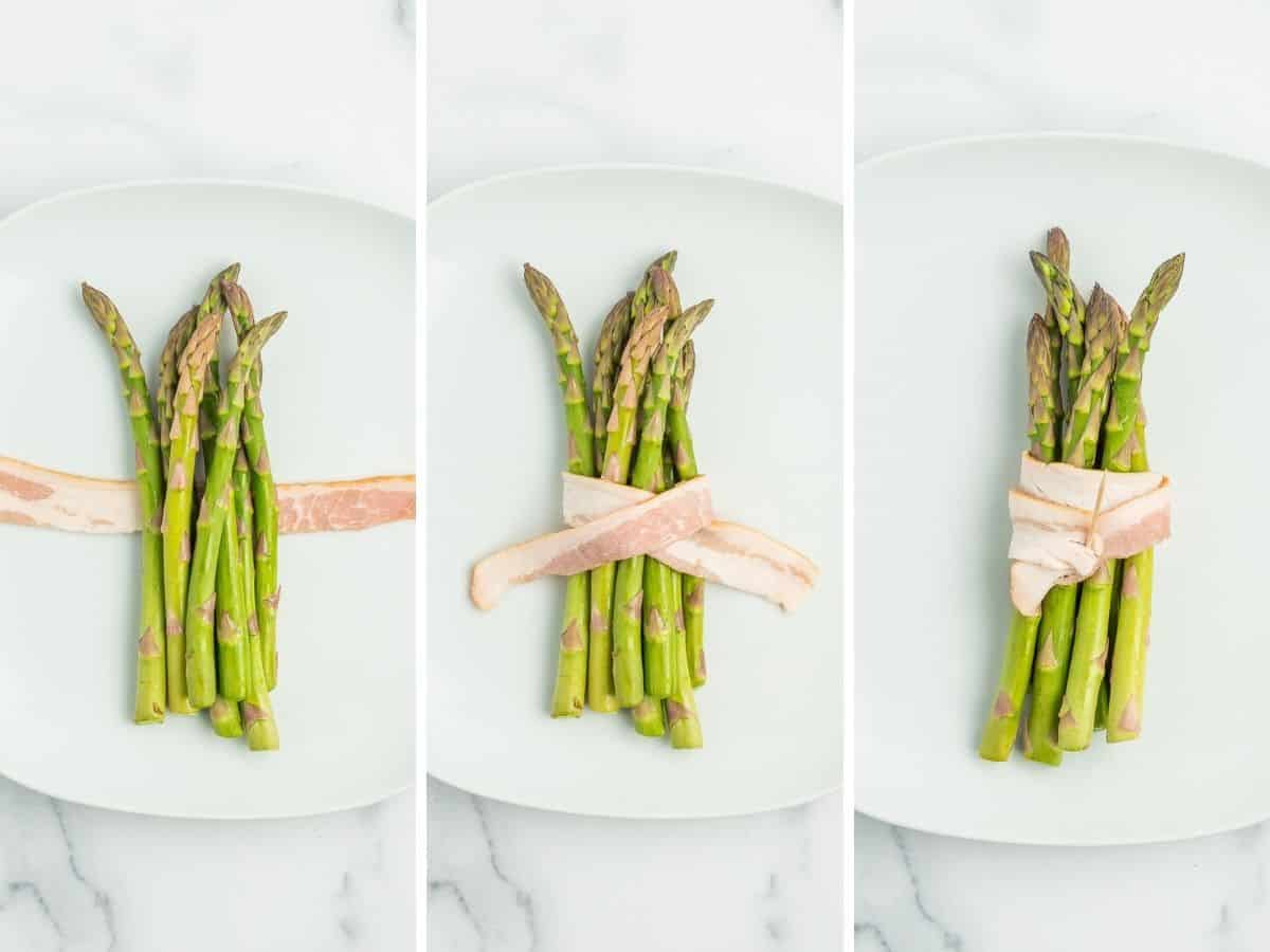 3 photos showing how to make asparagus bundles.