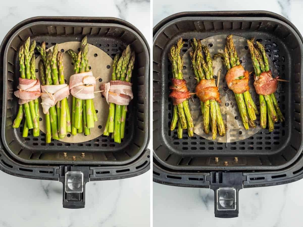 2 photos showing how to make bacon wrapped asparagus in the air fryer