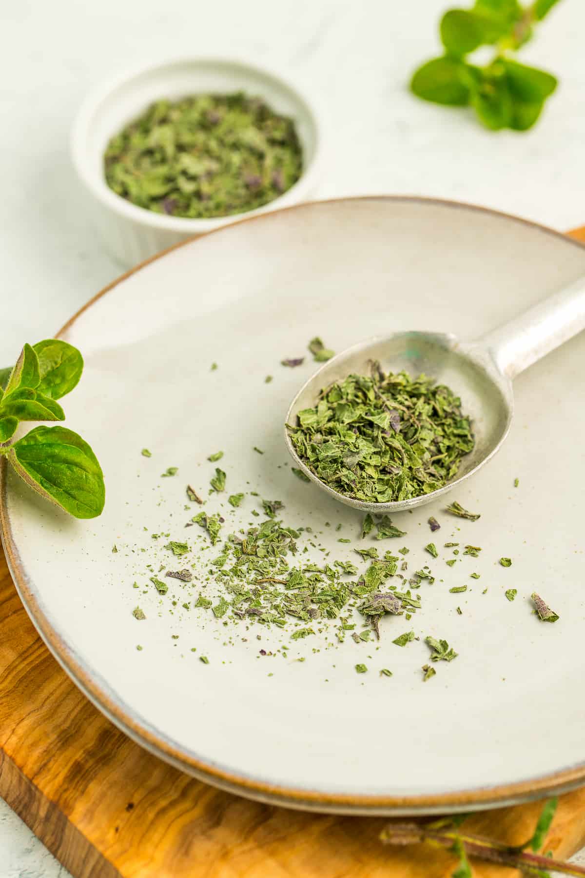 a measuring spoon with dried oregano on a dish.