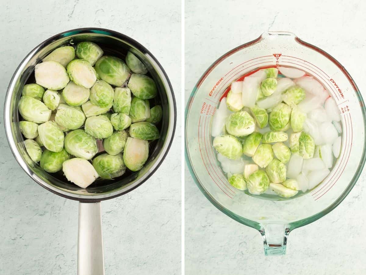 2 photos showing the process of blanching fresh brussel sprouts