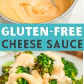 a grey plate with roasted broccoli drizzled in gluten-free cheese sauce