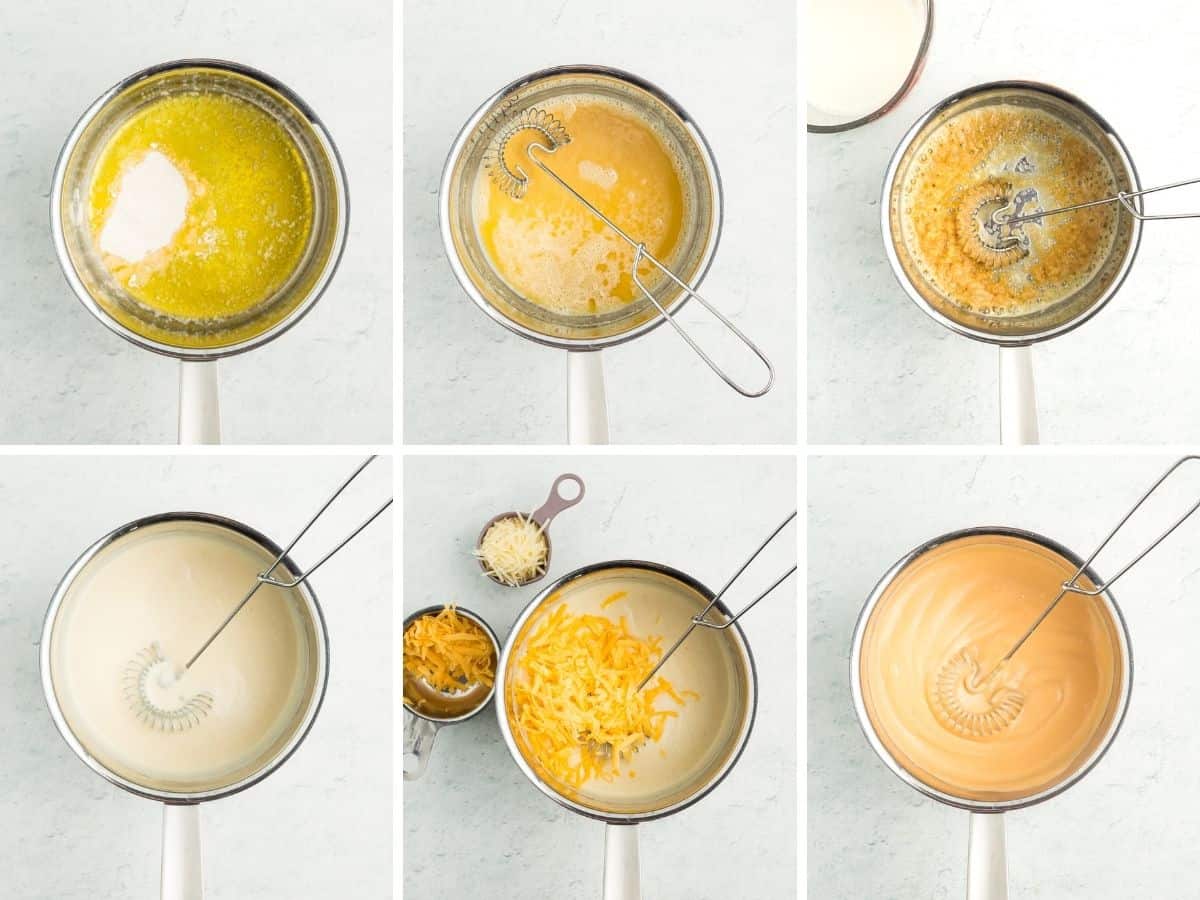6 photos showing how to make cheese sauce.