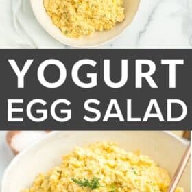 greek yogurt egg salad in a white bowl with a gold spoon