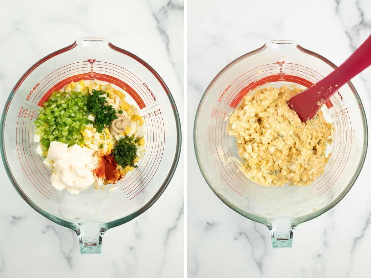 2 photos showing the process of mixing up healthy egg salad