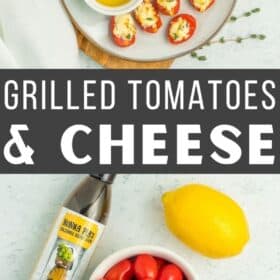 a grey plate on a wooden board with grilled tomatoes and cheese.