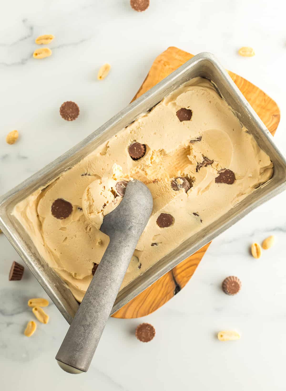 no churn peanut butter cup ice cream in a loaf pan