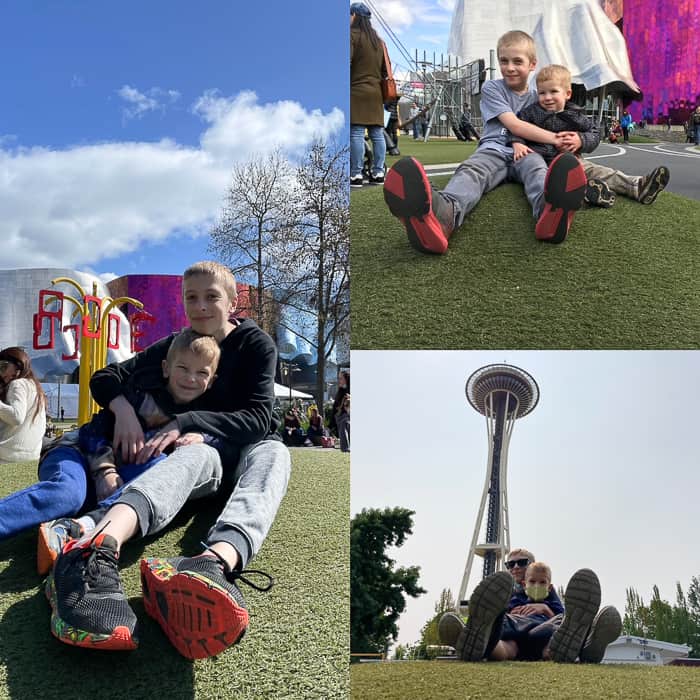 3 photos of 2 boys in front of the space needle