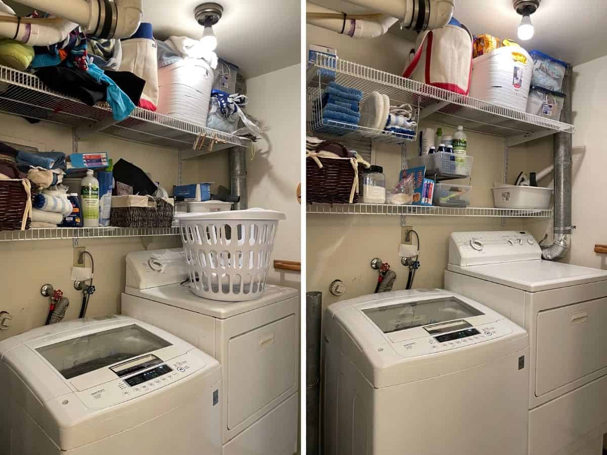 2 photos of a laundry room "before" and "after".