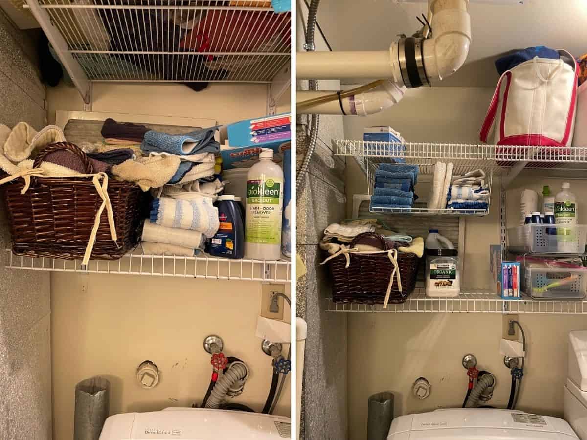 laundry room shelves before and after.