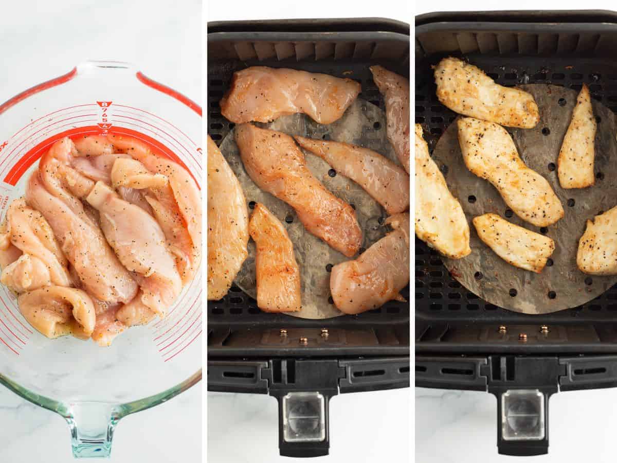 3 photos showing how to make unbreaded chicken tenders in the air fryer
