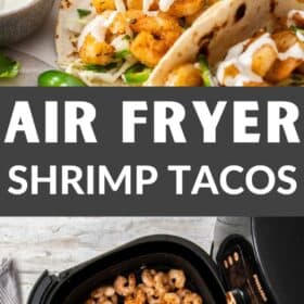 a plate of air fryer shrimp tacos with jalapenos and cilantro.