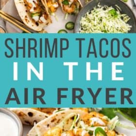 a plate of air fryer shrimp tacos with jalapenos and cilantro.