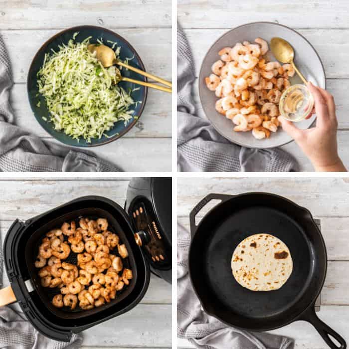 4 photos showing how to make shrimp tacos in the air fryer