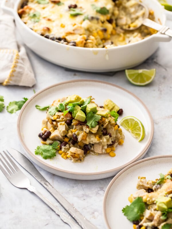 a plate of turkey casserole with rice on a white plate with cilantro.