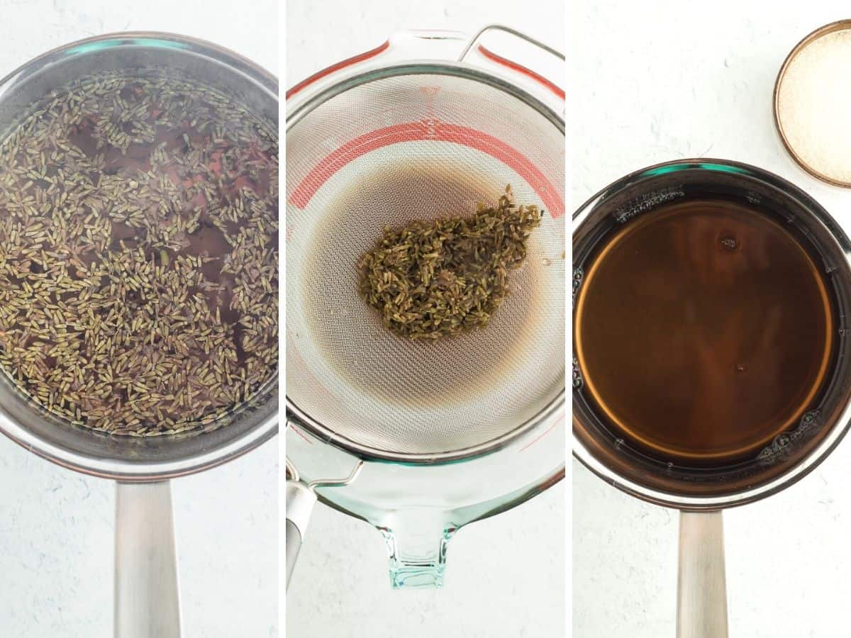 3 photos showing how to make lavender syrup