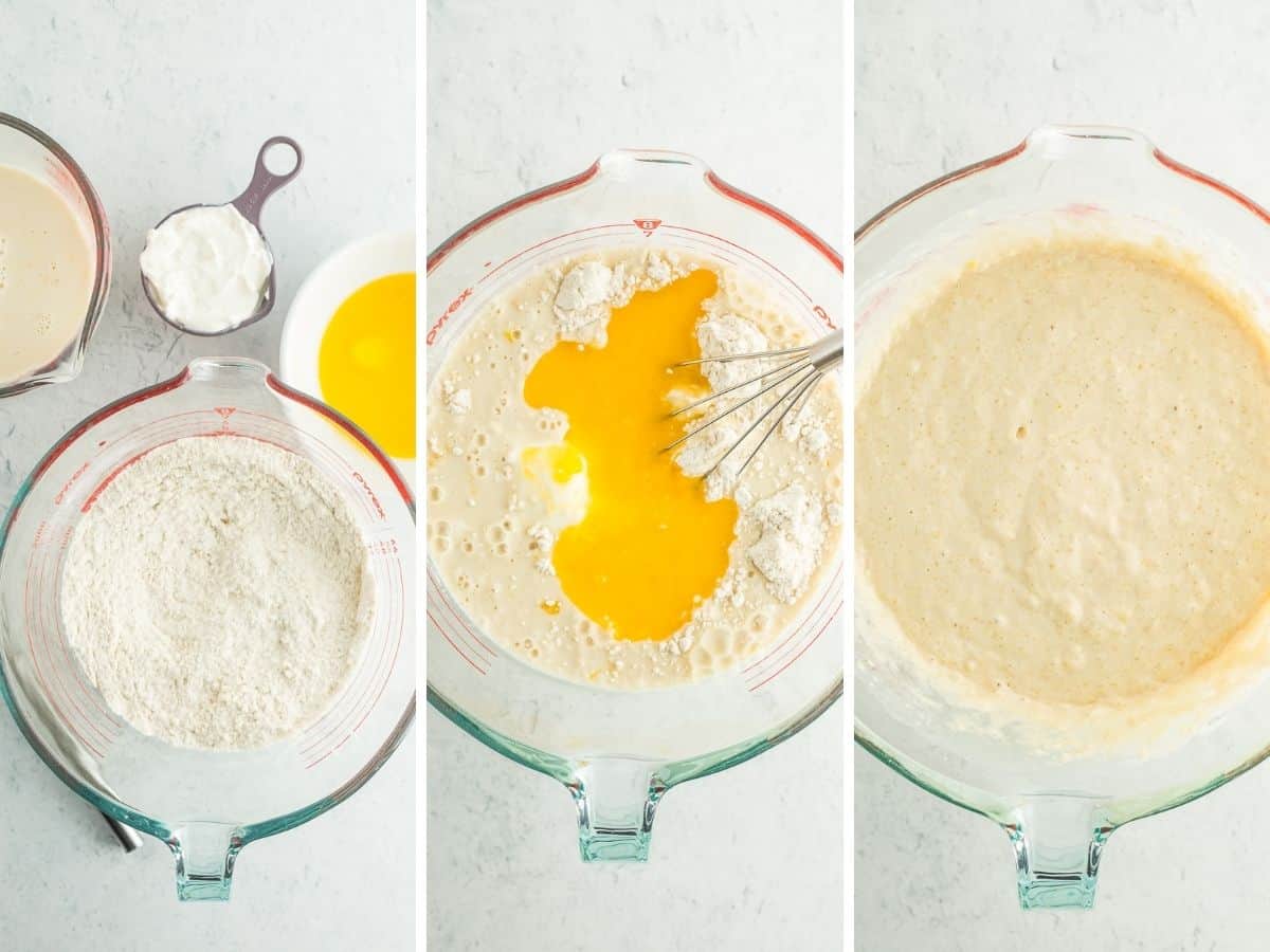 3 photos showing how to make dairy-free pancakes