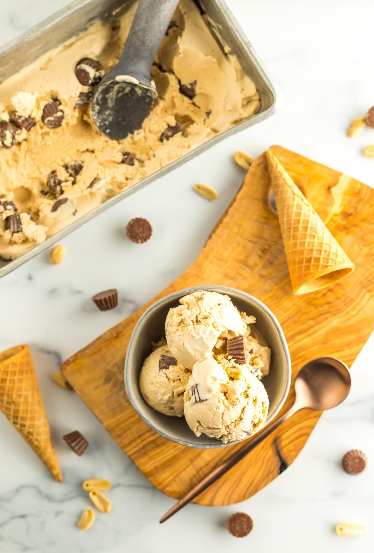 a bowl and a tray of no churn ice cream with sugar cones.