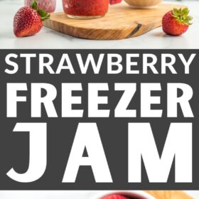 stacked jars of strawberry freezer jam with fresh strawberries on a white board.