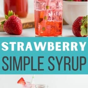 a glass bottle with strawberry simple syrup with fresh strawberries and a glass behind it.