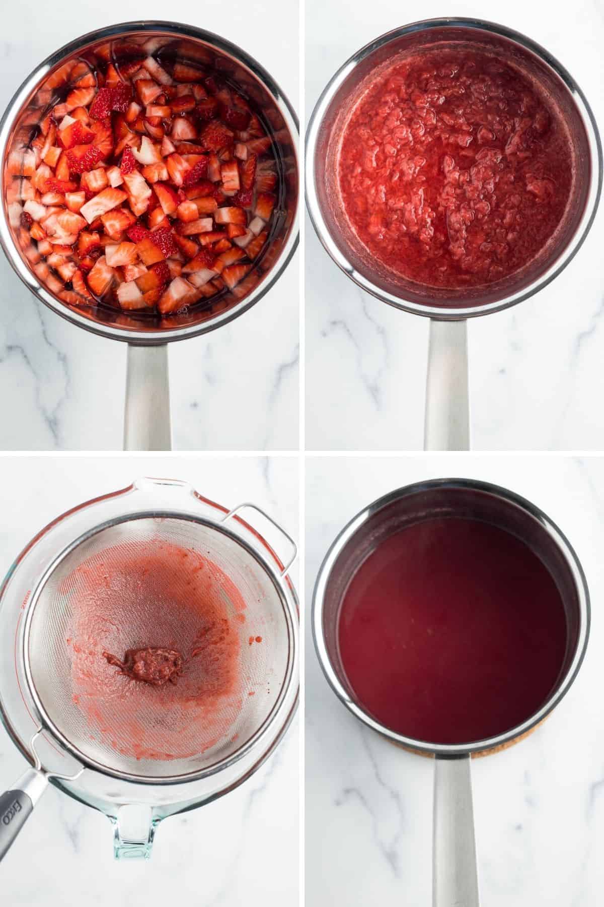 4 photos showing the process of making strawberry syrup for drinks
